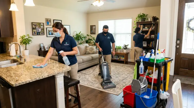 Person cleaning a bright bathroom